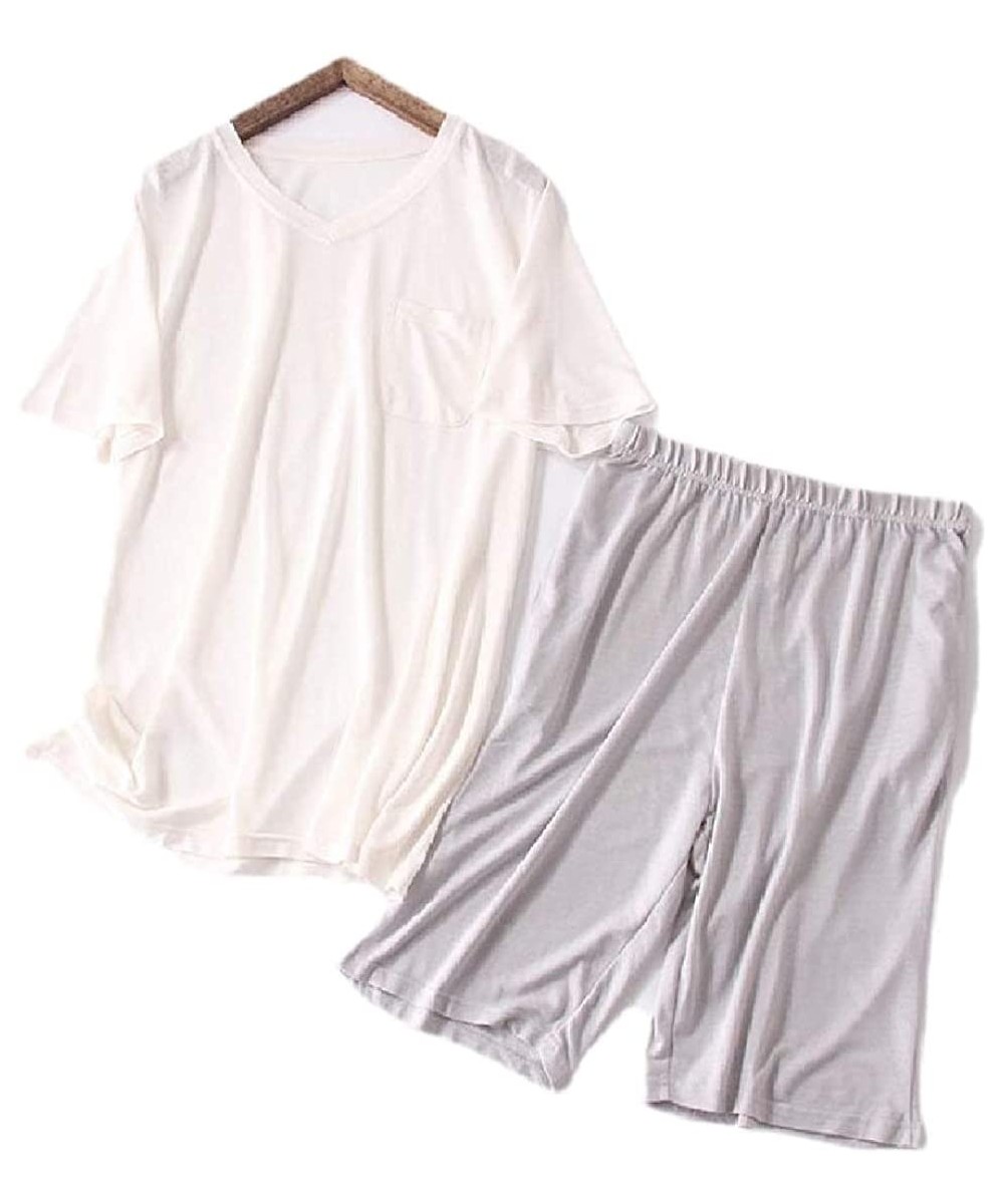 Sleep Sets Men's Summer Short-Sleeve Cotton Lounge Sleepwears Shorts-&-Shirt Striped Pajama Sets - 4 - C419DEXWHT0