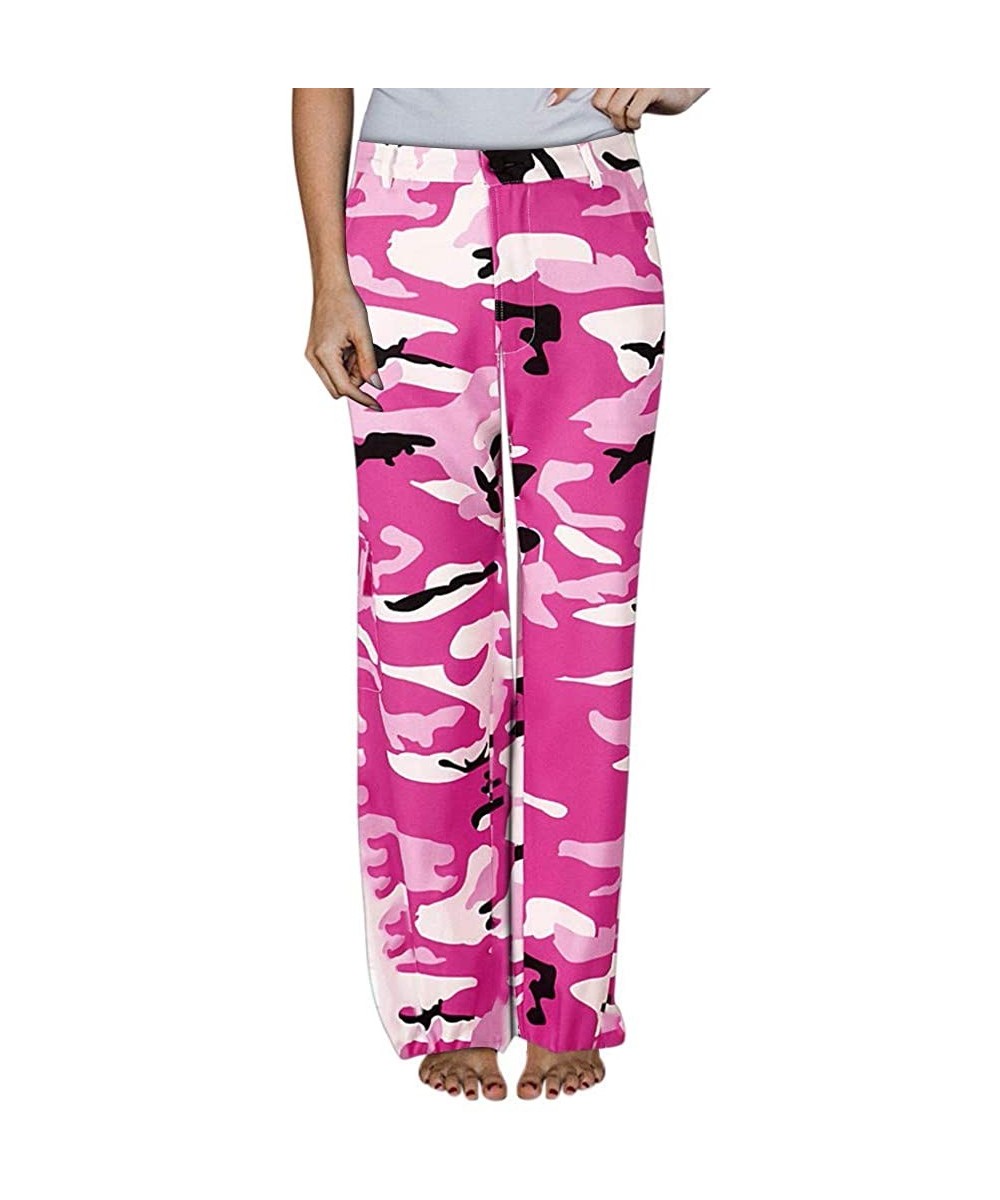 Bottoms Women High Waist Camouflage Print Wide Leg Pants Drawstring Lounge Palazzo Pants - Hot Pink - C418WRAI3C7