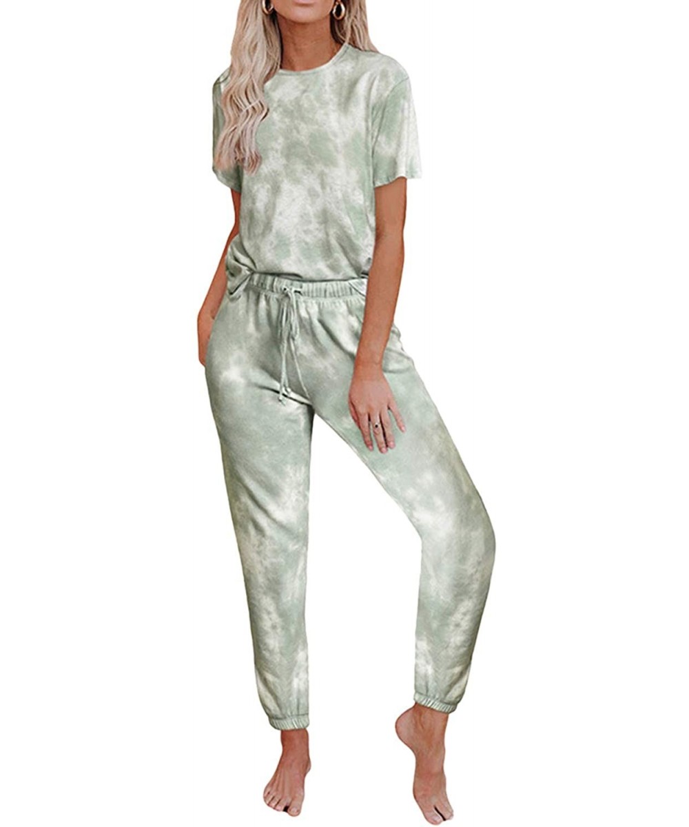 Sets Women's 2pcs Tie Dye Sweatsuit Pullover Shirts and Drawstring Sweatpants Set - A Short Sleeve-light Green - CL199CR2SD3