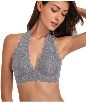 Bras Women's Floral Lace Halter Bralette V Neck Unpadded Wirefree Top Bustier - Grey - C218SYZKLL0