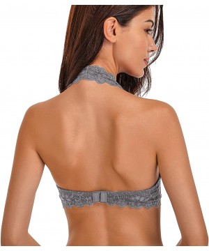 Bras Women's Floral Lace Halter Bralette V Neck Unpadded Wirefree Top Bustier - Grey - C218SYZKLL0