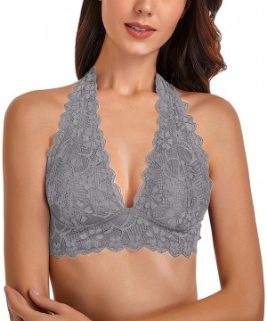 Bras Women's Floral Lace Halter Bralette V Neck Unpadded Wirefree Top Bustier - Grey - C218SYZKLL0