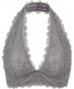 Bras Women's Floral Lace Halter Bralette V Neck Unpadded Wirefree Top Bustier - Grey - C218SYZKLL0