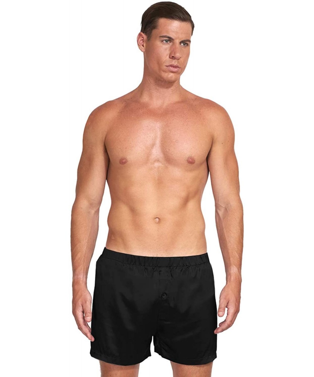 Sleep Bottoms Men's 20 Momme Luxury Pure Silk Boxer Lounge Shorts- Lightweight and Breathable- Gift Ready - Night Black - C21...