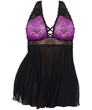 Baby Dolls & Chemises Womens Babydoll Lingerie Lace V Neck Loose Sleepwear Underwear Pajamas Nightdress - B_purple - C91956T5TYC