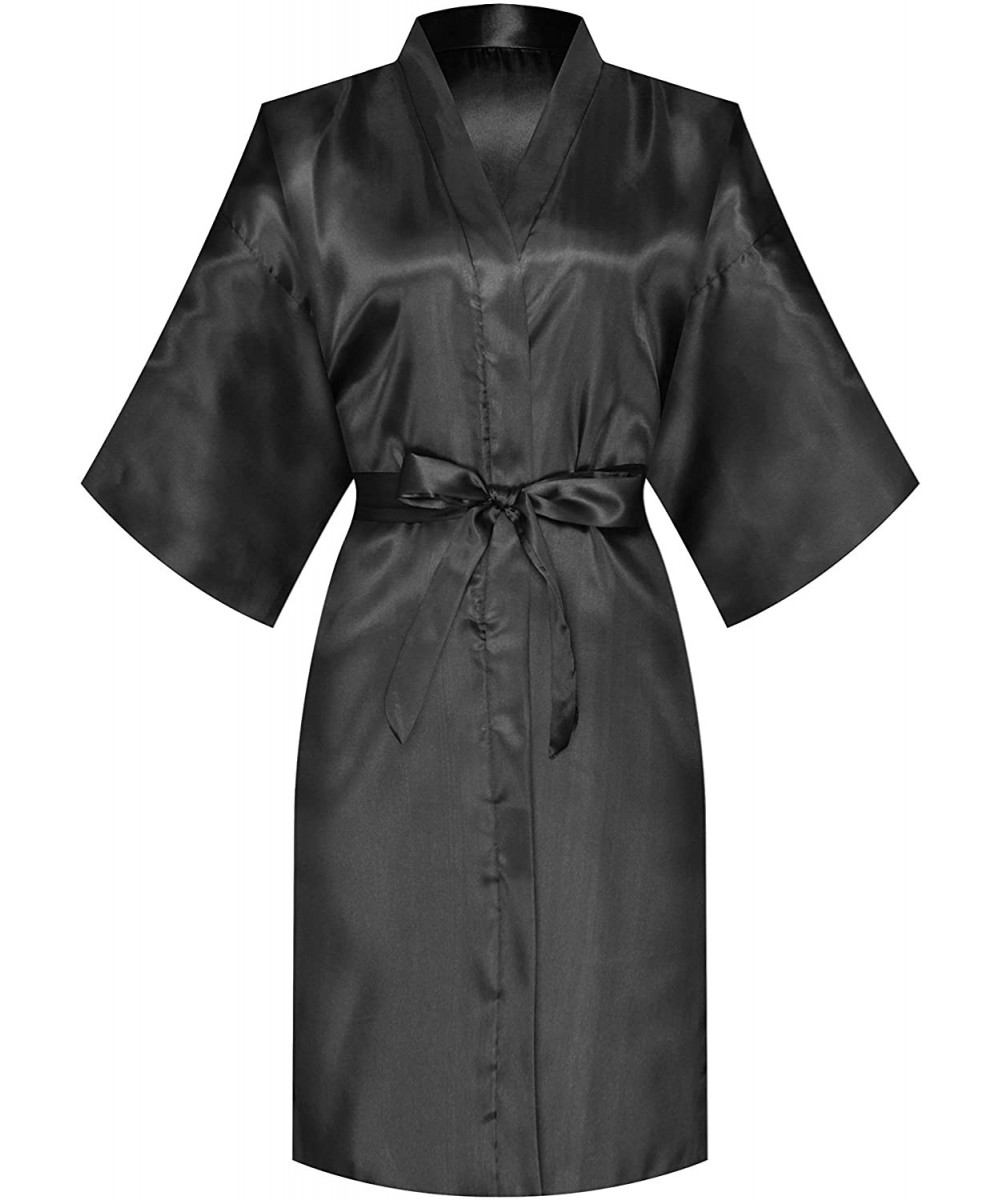 Robes Women Bride Bridesmaid Silky Satin Kimono Robe Solid Color Sleepwear for Wedding Party Getting Ready Short Black - CA18...