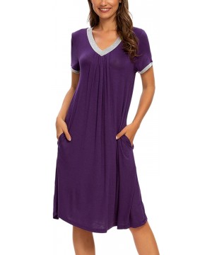 Nightgowns & Sleepshirts Womens Nightgown V Neck Sleepwear Short Sleeve Casual Nightshirt Pleated Sleep Shirt Dress with Pock...