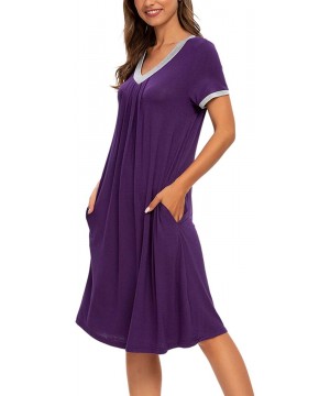 Nightgowns & Sleepshirts Womens Nightgown V Neck Sleepwear Short Sleeve Casual Nightshirt Pleated Sleep Shirt Dress with Pock...