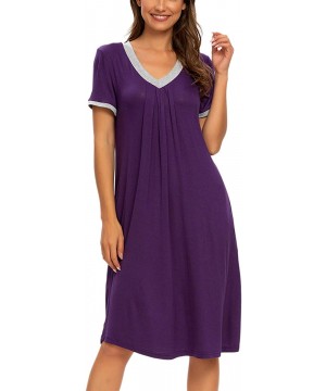 Nightgowns & Sleepshirts Womens Nightgown V Neck Sleepwear Short Sleeve Casual Nightshirt Pleated Sleep Shirt Dress with Pock...