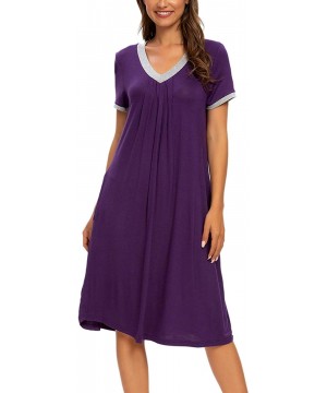 Nightgowns & Sleepshirts Womens Nightgown V Neck Sleepwear Short Sleeve Casual Nightshirt Pleated Sleep Shirt Dress with Pock...