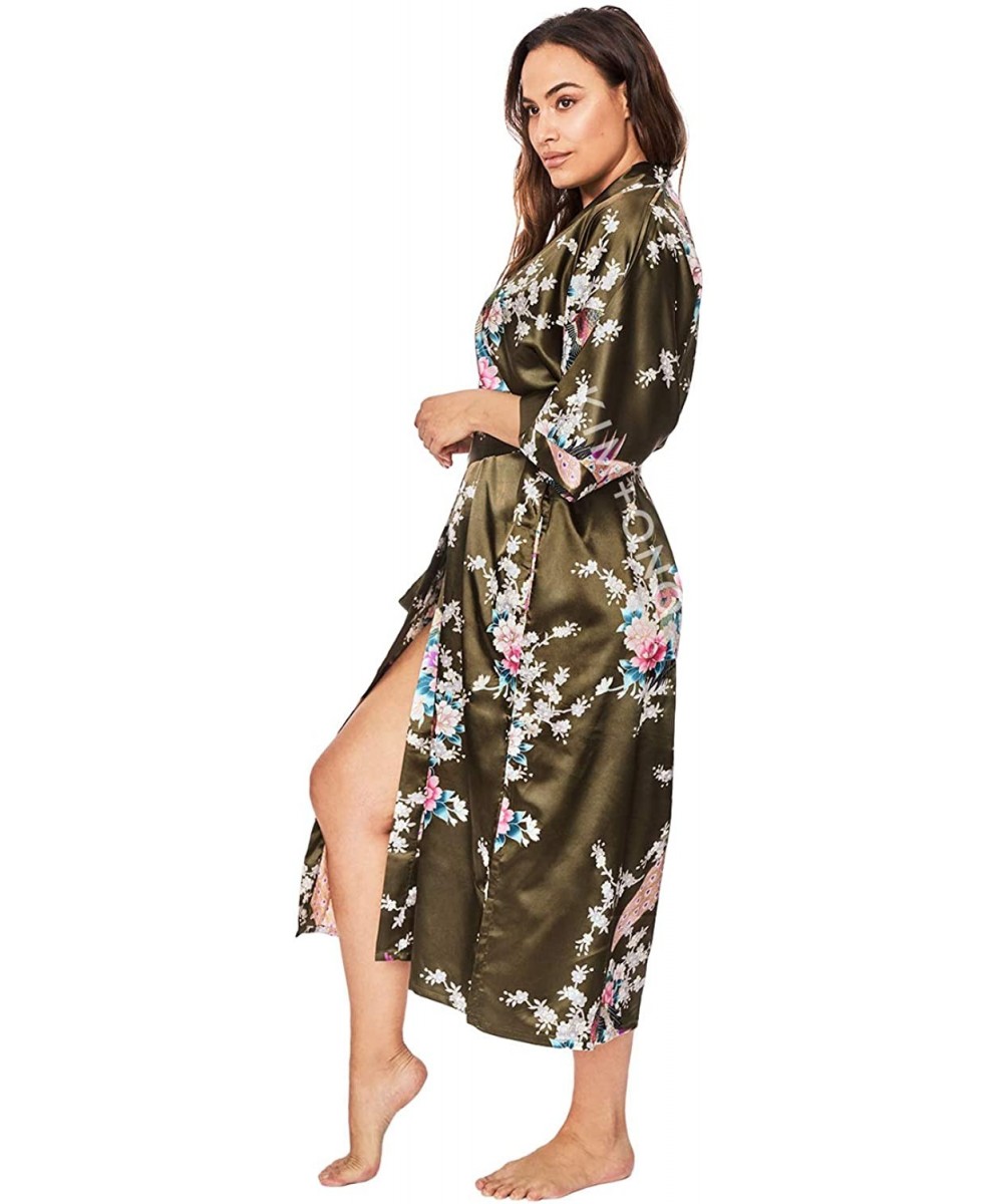 Robes Plus Size Women's Satin Kimono Robe Long - Floral - Peacock & Blossoms - Caper - CX19CUKDEKO