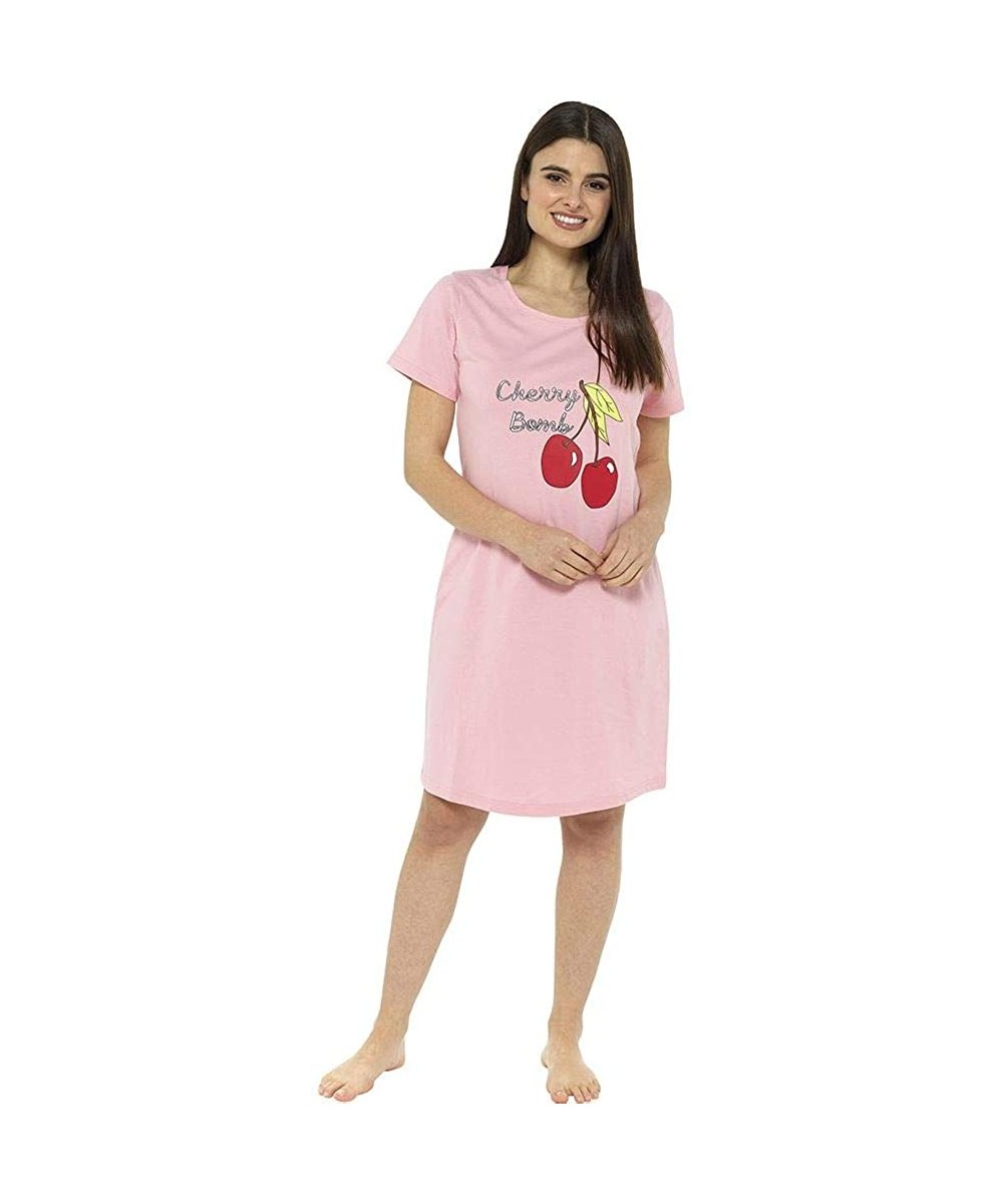 Nightgowns & Sleepshirts Womens Soft Jersey Cotton/Cotton Rich Long or Short Sleeve Nightshirt Nightie UK Size 8-22 - Cherry ...