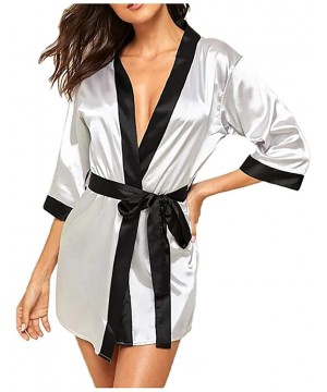 Robes New Women Silk Long Sleeve Satin Pajamas Sleepwear Robe with Belt Bathrobe - Gray - C2196GZNA4T