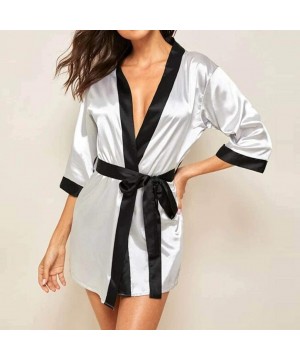 Robes New Women Silk Long Sleeve Satin Pajamas Sleepwear Robe with Belt Bathrobe - Gray - C2196GZNA4T