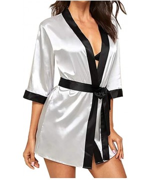 Robes New Women Silk Long Sleeve Satin Pajamas Sleepwear Robe with Belt Bathrobe - Gray - C2196GZNA4T