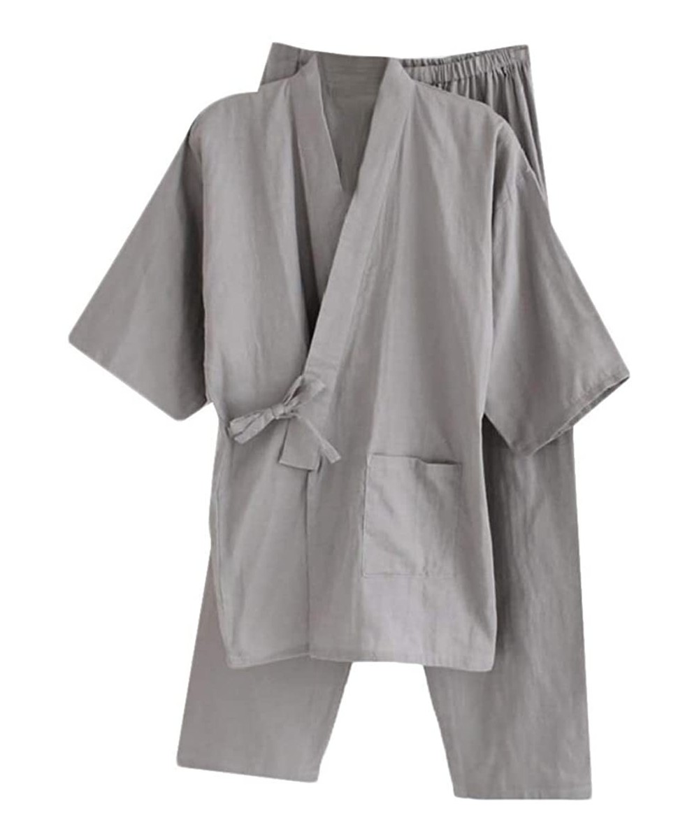 Sleep Sets Men's Kimono Collar Regular Fit Cotton Summer Solid Loungewear Set - Light Grey - C518TQWOAND