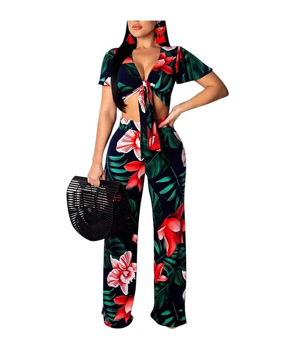 Sets Women's 2 Pieces Outfit Floral Sleeveless Tube Top Palazzo Long Pants High Waist Jumpsuits - Dark Green - CL18S4LQQM2