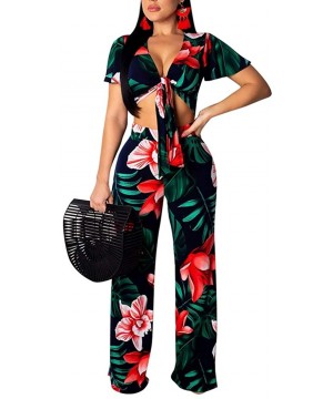 Sets Women's 2 Pieces Outfit Floral Sleeveless Tube Top Palazzo Long Pants High Waist Jumpsuits - Dark Green - CL18S4LQQM2