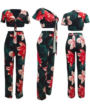 Sets Women's 2 Pieces Outfit Floral Sleeveless Tube Top Palazzo Long Pants High Waist Jumpsuits - Dark Green - CL18S4LQQM2