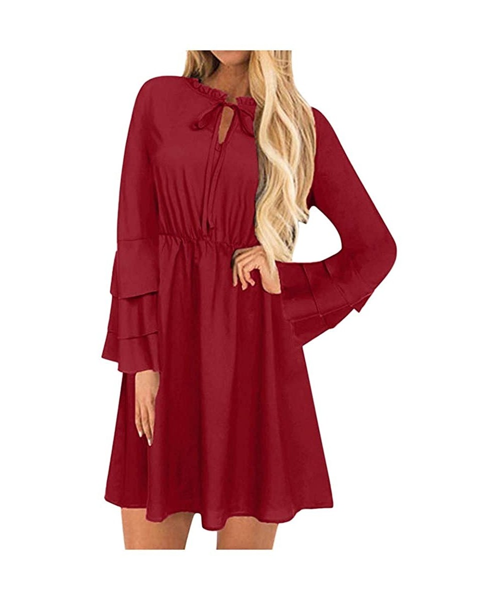 Slips Womens Solid Mini Dress Elegant Lacing O-Neck Layered Sleeve Ruched Hem Dresses - Red - CD193SMHO7H