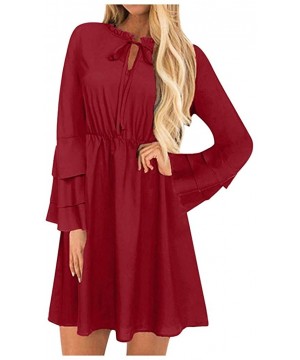 Slips Womens Solid Mini Dress Elegant Lacing O-Neck Layered Sleeve Ruched Hem Dresses - Red - CD193SMHO7H