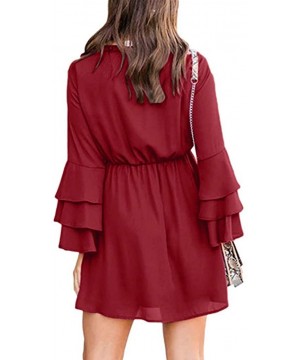 Slips Womens Solid Mini Dress Elegant Lacing O-Neck Layered Sleeve Ruched Hem Dresses - Red - CD193SMHO7H