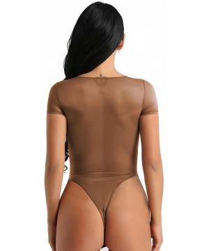 Shapewear Women's See Through Mesh Short Sleeve Shirt High Cut Thongs Bodysuit Bikini Swimsuit - Coffee - CT18ROX3QGM