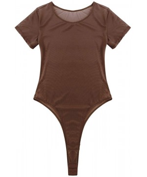 Shapewear Women's See Through Mesh Short Sleeve Shirt High Cut Thongs Bodysuit Bikini Swimsuit - Coffee - CT18ROX3QGM