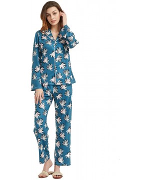 Sets Women's Blue Printed Long-Sleeved Pajamas Button Lapel Top Smooth Straight Bottom Comfortable Nightwear Set (S-XXL) - Bl...