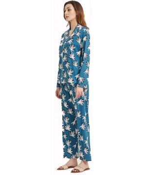 Sets Women's Blue Printed Long-Sleeved Pajamas Button Lapel Top Smooth Straight Bottom Comfortable Nightwear Set (S-XXL) - Bl...