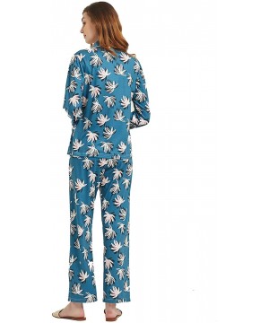 Sets Women's Blue Printed Long-Sleeved Pajamas Button Lapel Top Smooth Straight Bottom Comfortable Nightwear Set (S-XXL) - Bl...