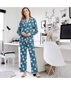 Sets Women's Blue Printed Long-Sleeved Pajamas Button Lapel Top Smooth Straight Bottom Comfortable Nightwear Set (S-XXL) - Bl...