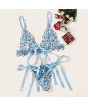 Bras Women Lingerie Corset Lace Underwire Racy Muslin Sleepwear Underwear Tops+Briefs - Blue - C818YYWCGQX