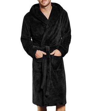 Robes Men's Winter Plush Long Sleeve Shawl Collar Fleece Soft Velveteen Full Length Bathrobe Loungewear Robe - Black - CC193O...