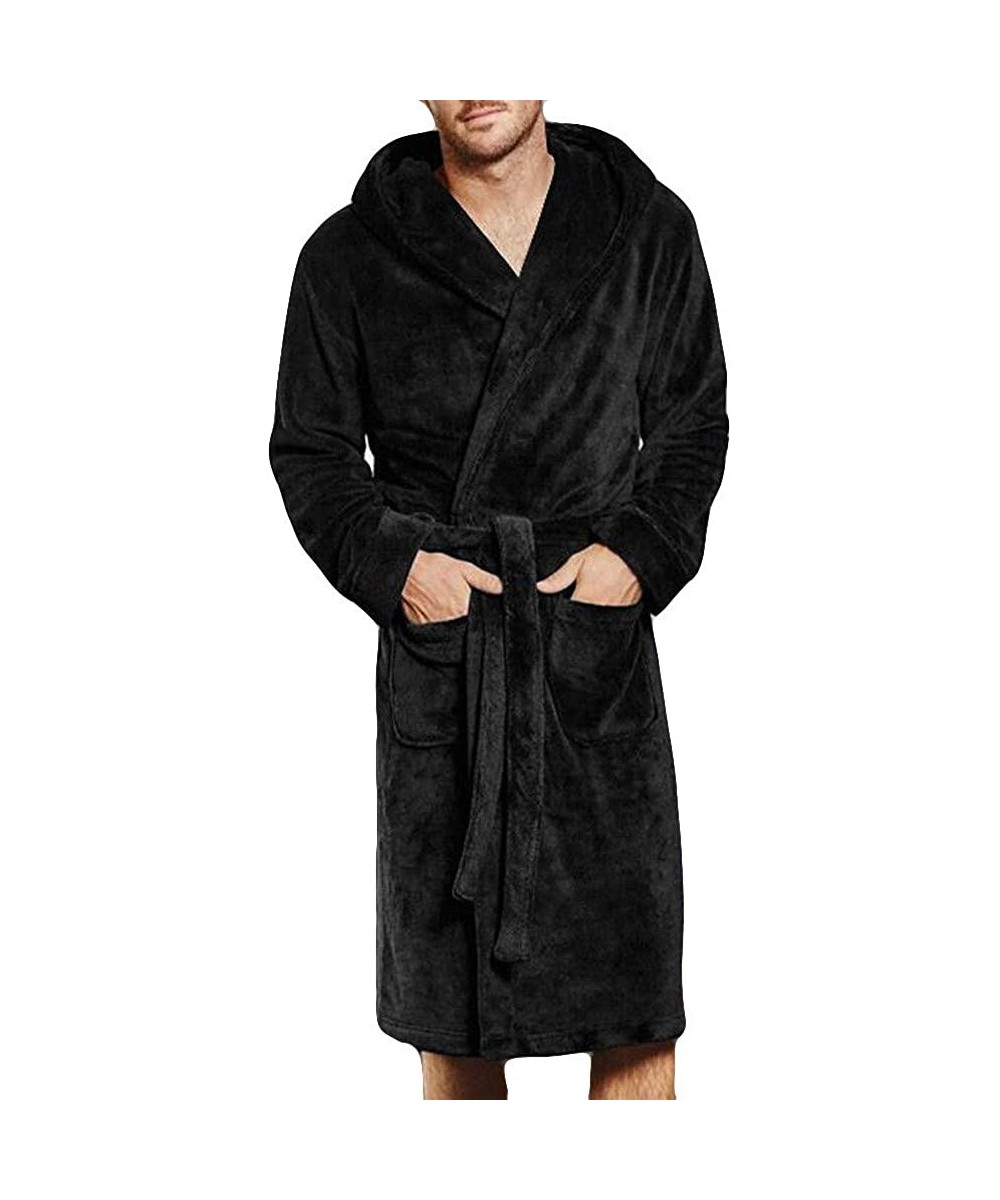 Robes Men's Winter Plush Long Sleeve Shawl Collar Fleece Soft Velveteen Full Length Bathrobe Loungewear Robe - Black - CC193O...