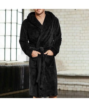 Robes Men's Winter Plush Long Sleeve Shawl Collar Fleece Soft Velveteen Full Length Bathrobe Loungewear Robe - Black - CC193O...