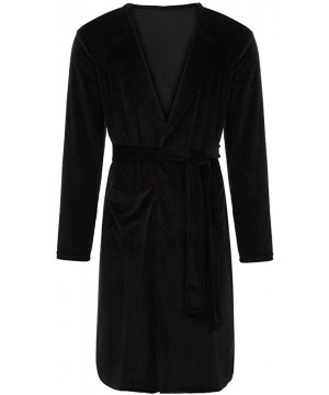 Robes Men's Winter Plush Long Sleeve Shawl Collar Fleece Soft Velveteen Full Length Bathrobe Loungewear Robe - Black - CC193O...