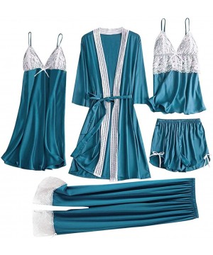 Sets Sleepwear Women's 5PC Pajama Set Lace Satin Dress Cami Shorts Trousers Pajama Set with Robe - Light Blue - CI197CZXC93