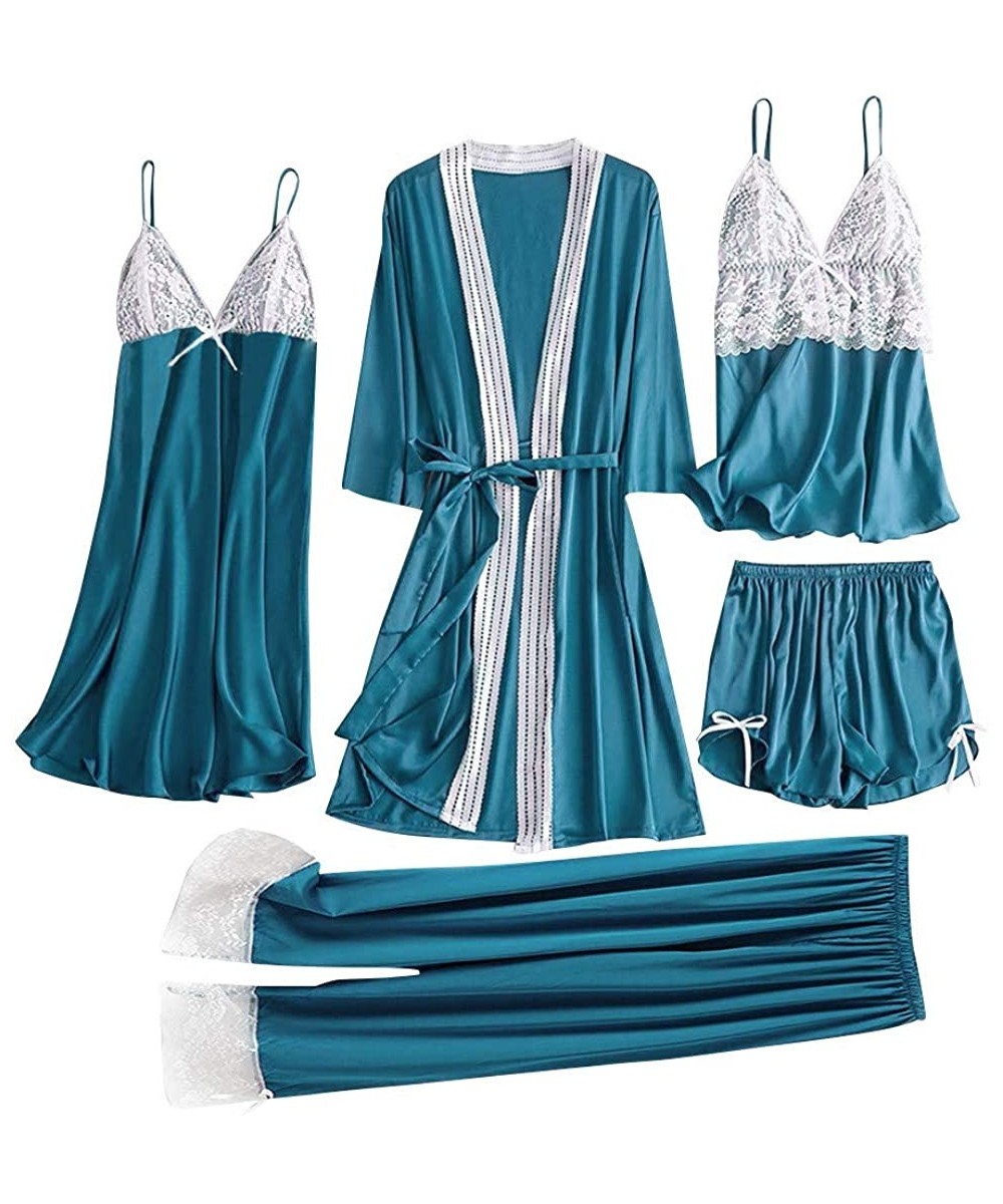 Sets Sleepwear Women's 5PC Pajama Set Lace Satin Dress Cami Shorts Trousers Pajama Set with Robe - Light Blue - CI197CZXC93