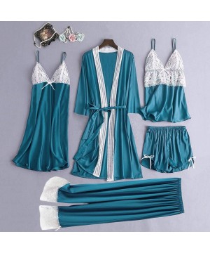 Sets Sleepwear Women's 5PC Pajama Set Lace Satin Dress Cami Shorts Trousers Pajama Set with Robe - Light Blue - CI197CZXC93