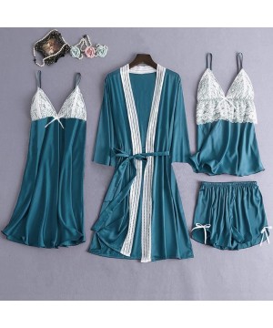 Sets Sleepwear Women's 5PC Pajama Set Lace Satin Dress Cami Shorts Trousers Pajama Set with Robe - Light Blue - CI197CZXC93