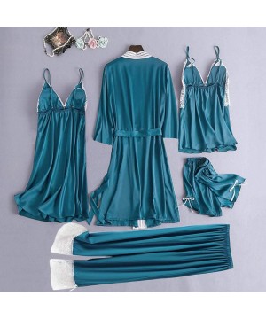 Sets Sleepwear Women's 5PC Pajama Set Lace Satin Dress Cami Shorts Trousers Pajama Set with Robe - Light Blue - CI197CZXC93