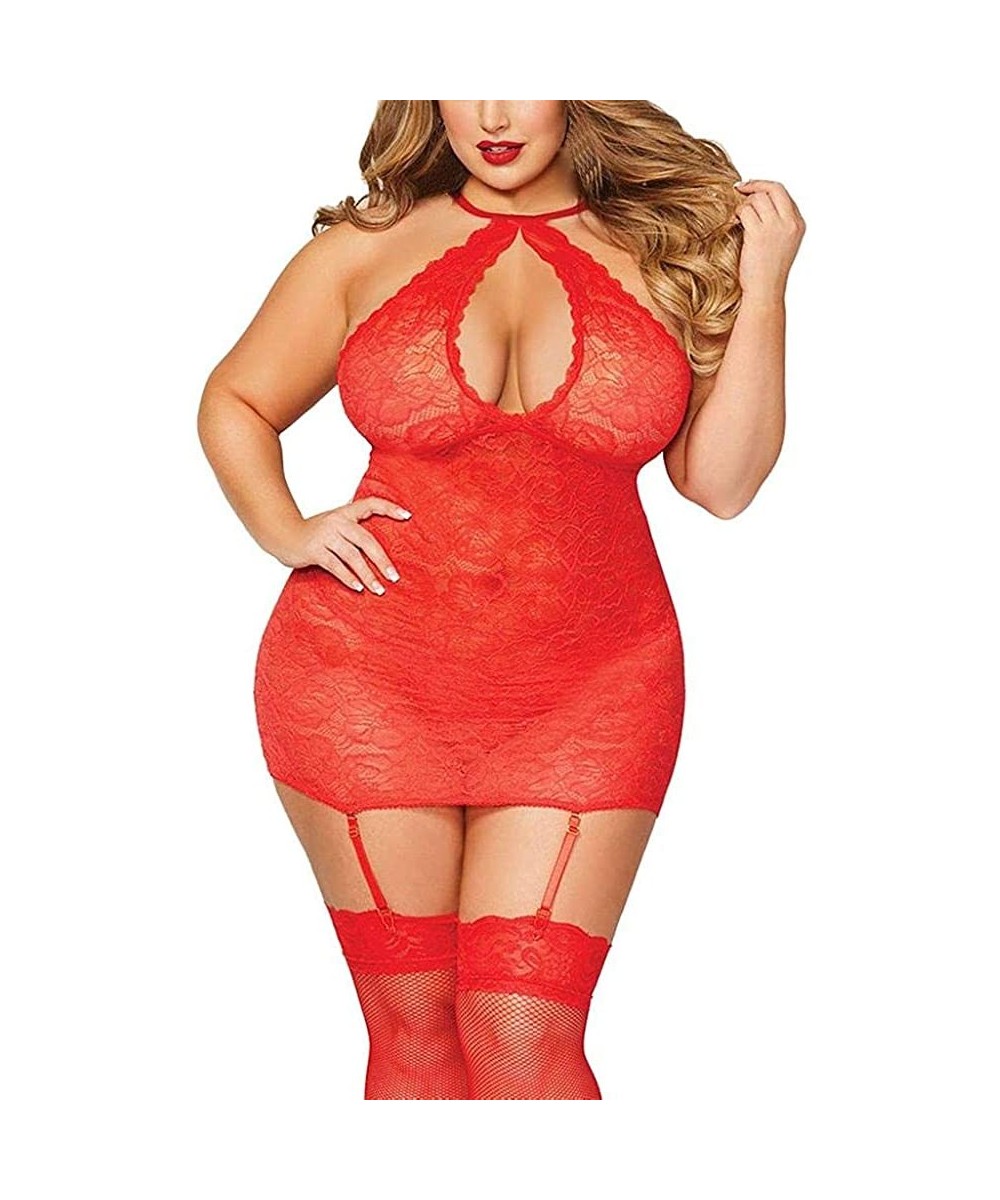 Baby Dolls & Chemises Women's Plus Size Halter Lace Lingerie Mesh Stretch Babydoll Chemise with Garters - Red - C019466H4CN