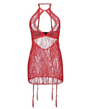 Baby Dolls & Chemises Women's Plus Size Halter Lace Lingerie Mesh Stretch Babydoll Chemise with Garters - Red - C019466H4CN