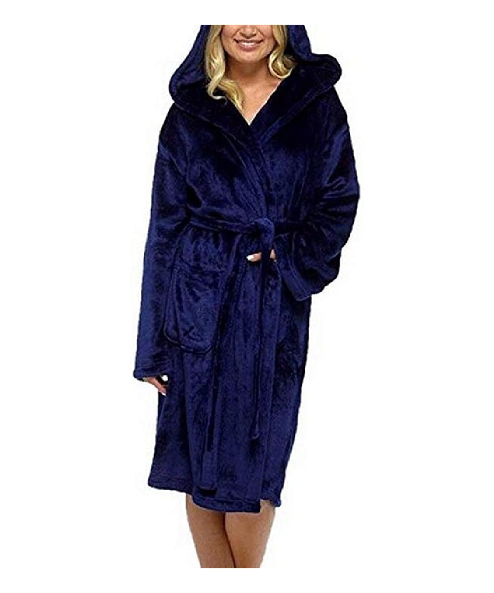 Robes Plush Nightwear Robe Fall-Winter Hooded Fleece Belted Bathrobe - Royal Blue - CY199GAK7QA