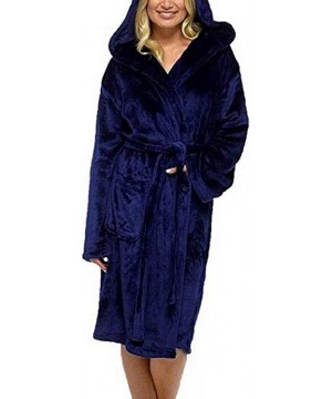 Robes Plush Nightwear Robe Fall-Winter Hooded Fleece Belted Bathrobe - Royal Blue - CY199GAK7QA