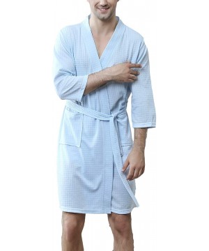 Robes Men's Waffle Kimono Robe Lightweight Spa Bathrobe Pockets Turkish Hotel Nightgown - Blue - C618QW6LLST