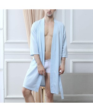 Robes Men's Waffle Kimono Robe Lightweight Spa Bathrobe Pockets Turkish Hotel Nightgown - Blue - C618QW6LLST