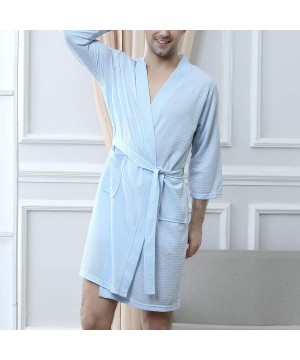 Robes Men's Waffle Kimono Robe Lightweight Spa Bathrobe Pockets Turkish Hotel Nightgown - Blue - C618QW6LLST