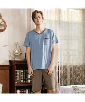 Sleep Sets Men's Pajama Sets- Summer Man Sleepwear Short Sleeve Pajamas for Men Short Top Pant Leisure Outwear-Light Blue-XXX...